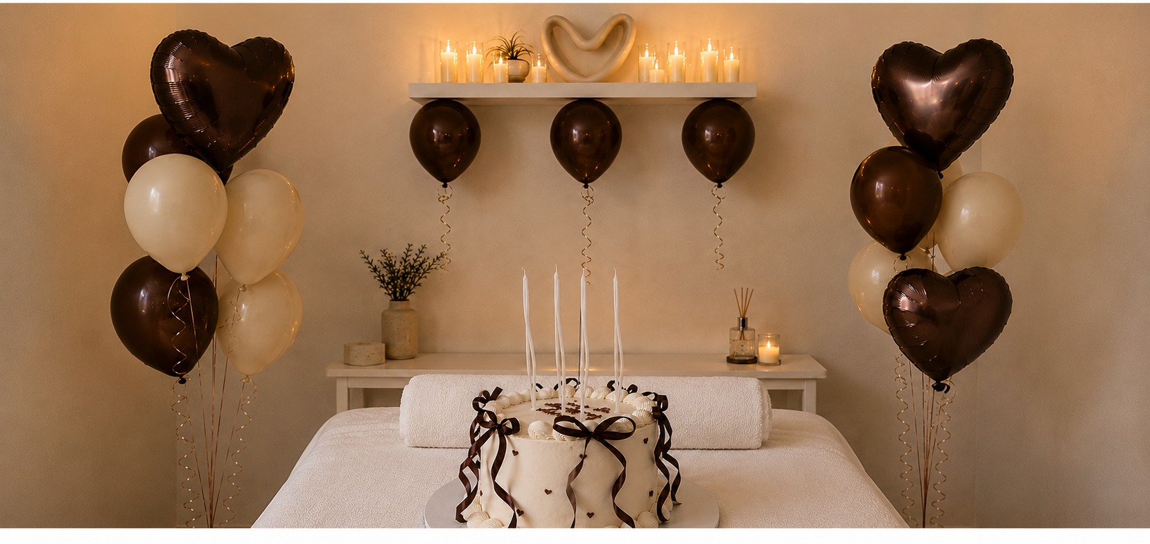 Cake de cumpleaños con velas, globos en tonos crema y chocolate y candelabros cálidos
