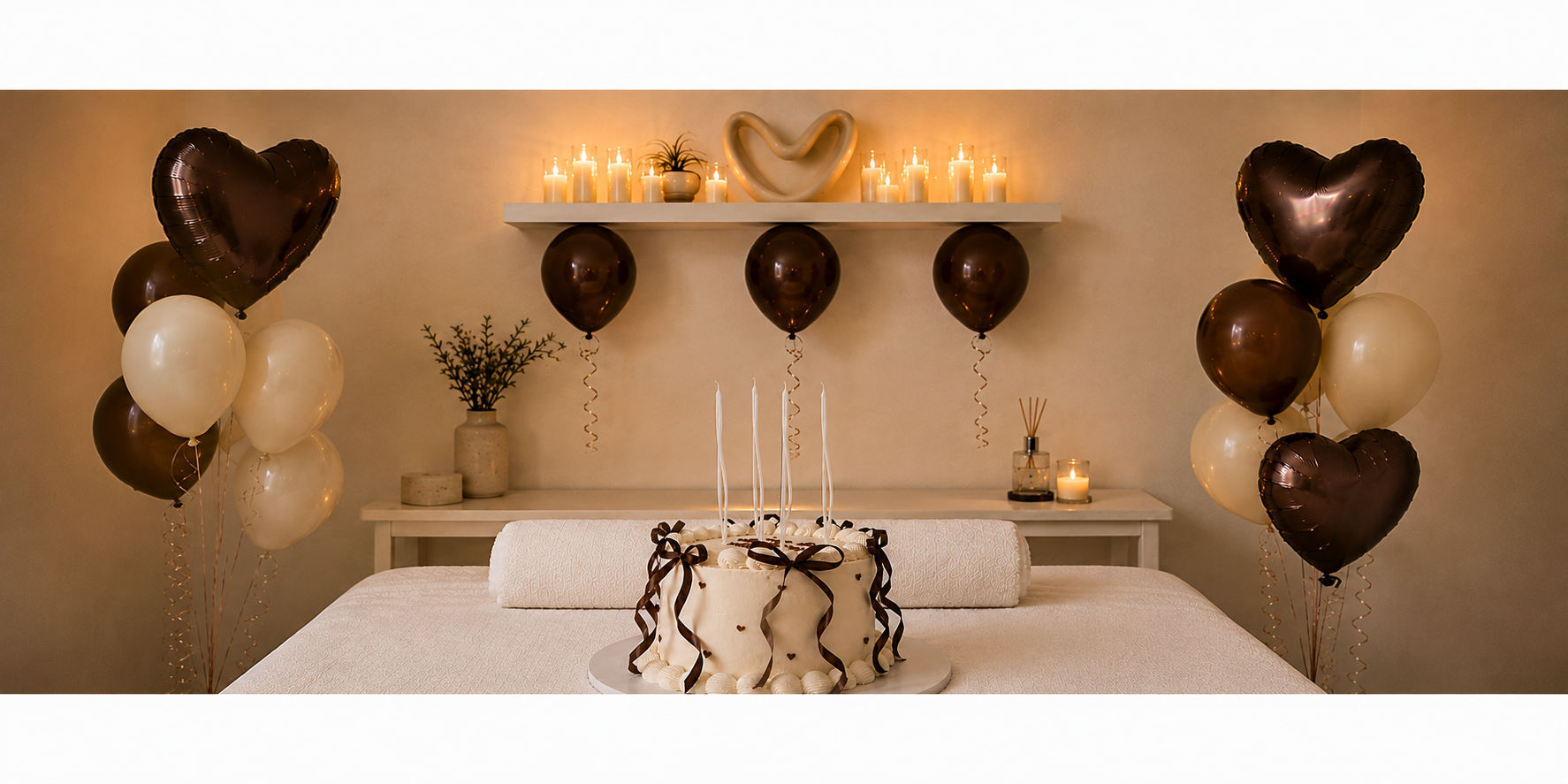 Ambiente de spa con toallas, botánicos secos y una tarjeta de regalo