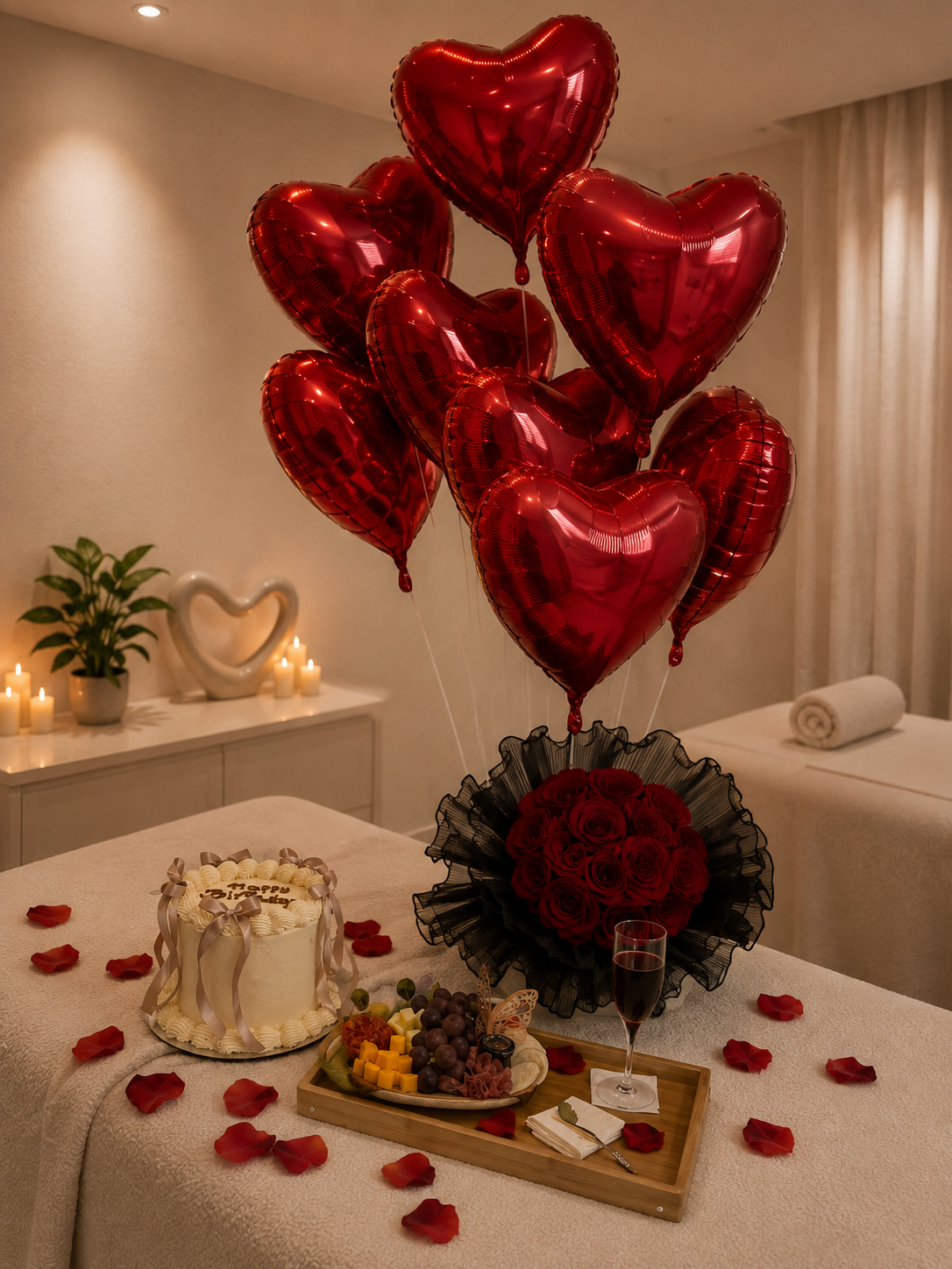Montaje de regalo AUA con globos en forma de corazón, ramo de rosas, cake de cumpleaños y charcutería